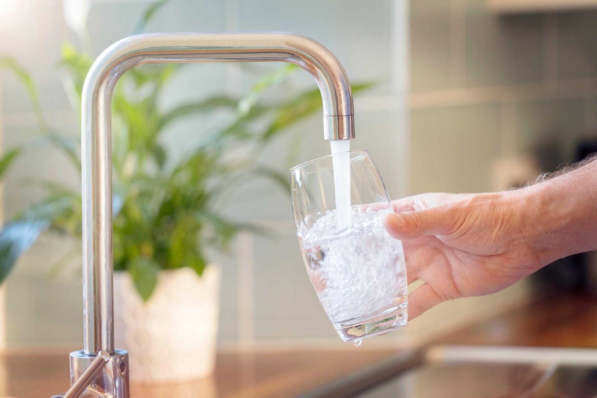 Filling up a glass with drinking water from kitchen tap Legionella prevention water flushing services