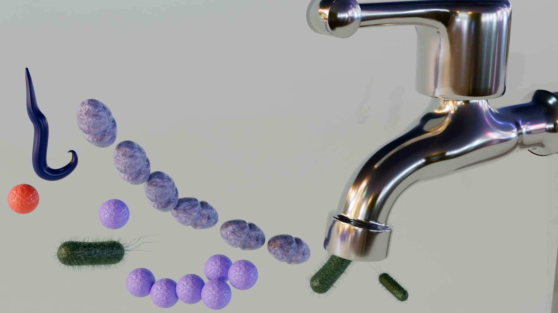 3d rendering of a faucet and group of microorganism